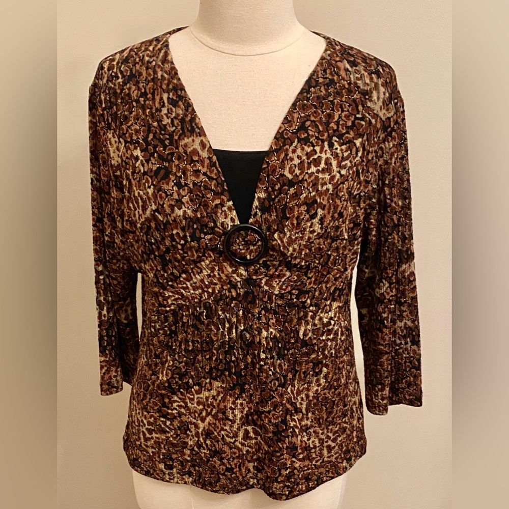 JM Collection Petite Black Brown Animal Print LP Elevated Casual Office Chic Top